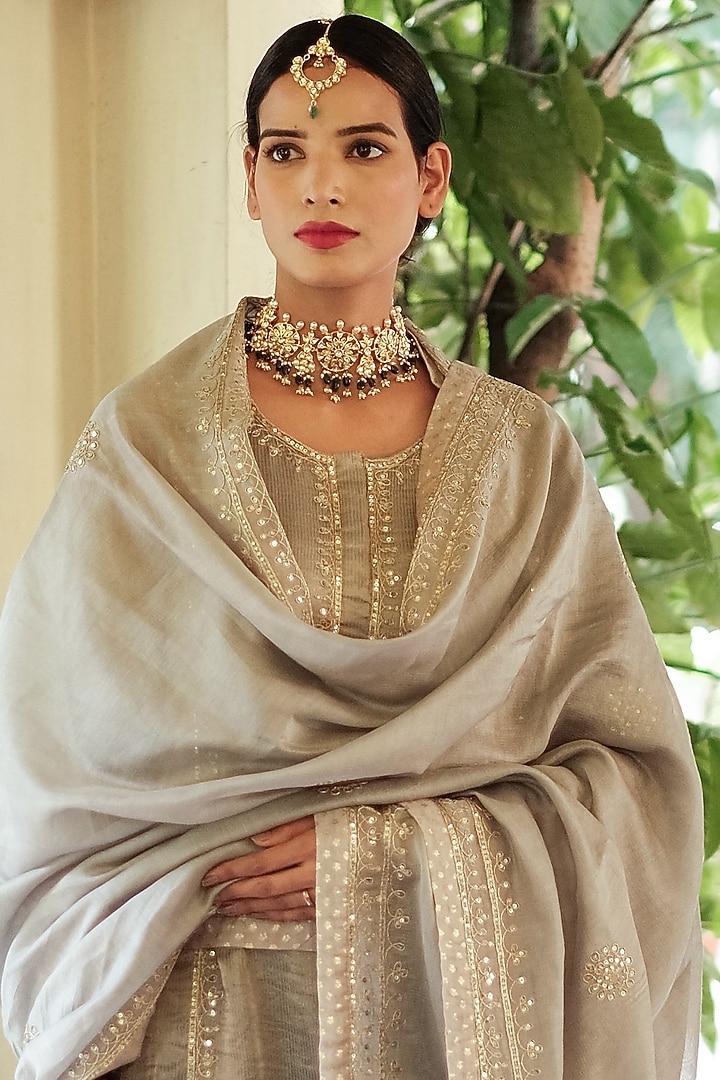 Grey Embroidered A-Line Kurta Set by House of Pink at Pernia's Pop Up Shop