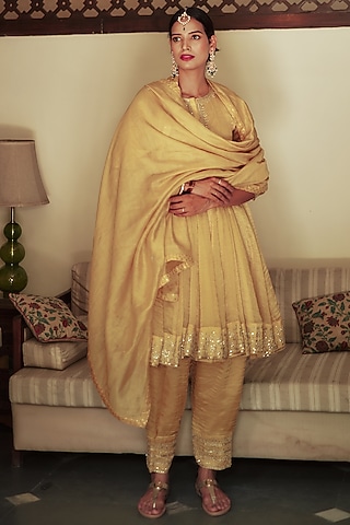 Mustard Chanderi Embroidered Anarkali Set by House of Pink
