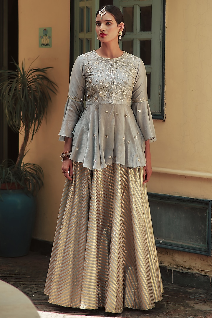 Grey Chanderi Skirt Set by House of Pink