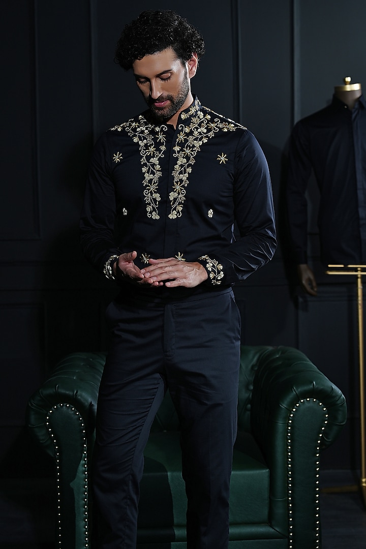 Black Cotton Hand Embroidered Shirt by House of Pratap