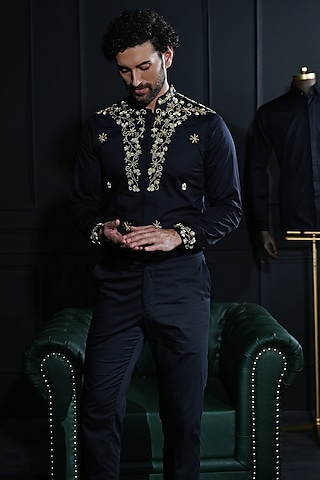 Black Cotton Hand Embroidered Shirt by House of Pratap