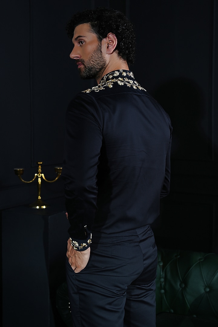 Black Cotton Hand Embroidered Wedding Shirt by House of Pratap at Pernia's Pop Up Shop