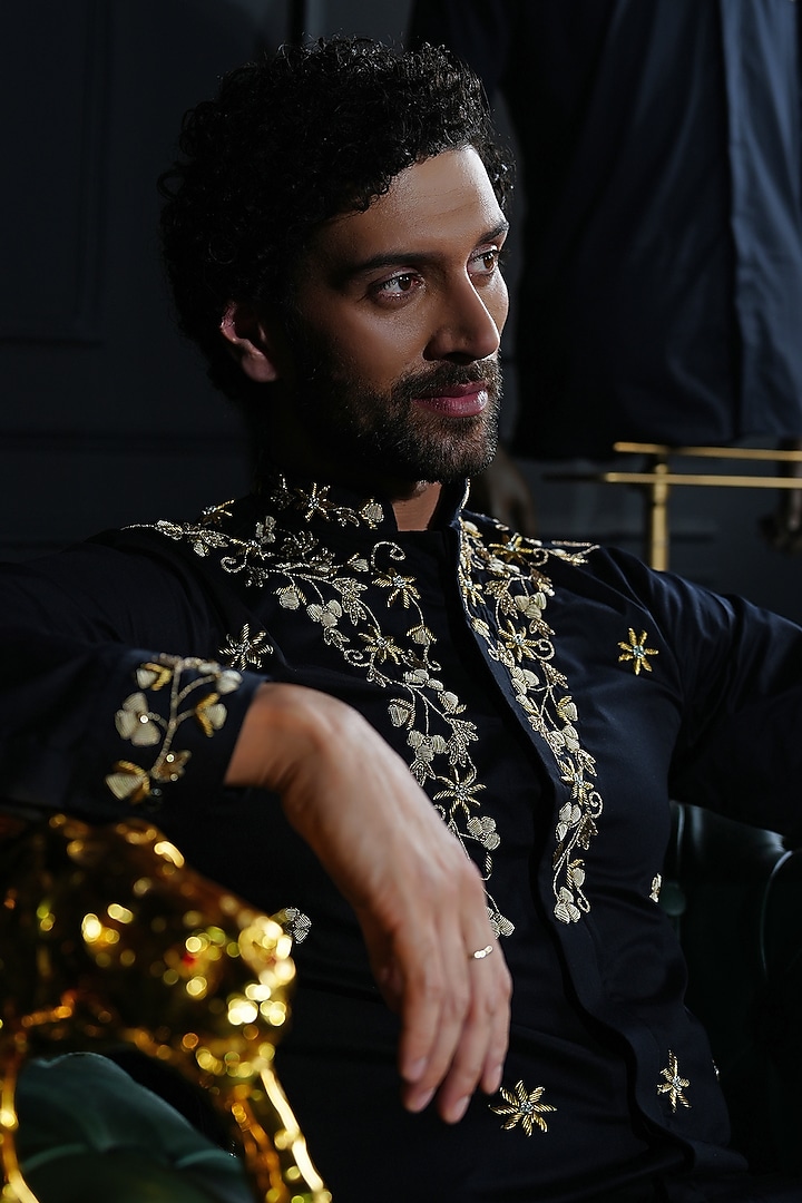 Black Cotton Hand Embroidered Wedding Shirt by House of Pratap at Pernia's Pop Up Shop