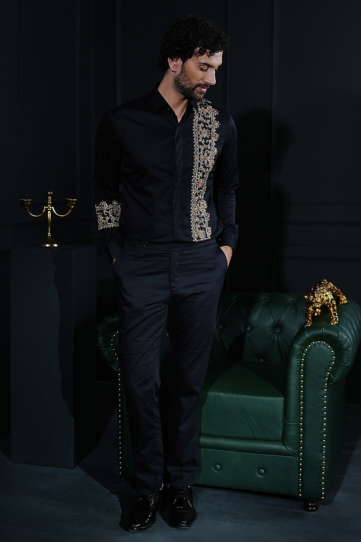 Black Cotton Hand Embroidered Wedding Shirt by House of Pratap at Pernia's Pop Up Shop
