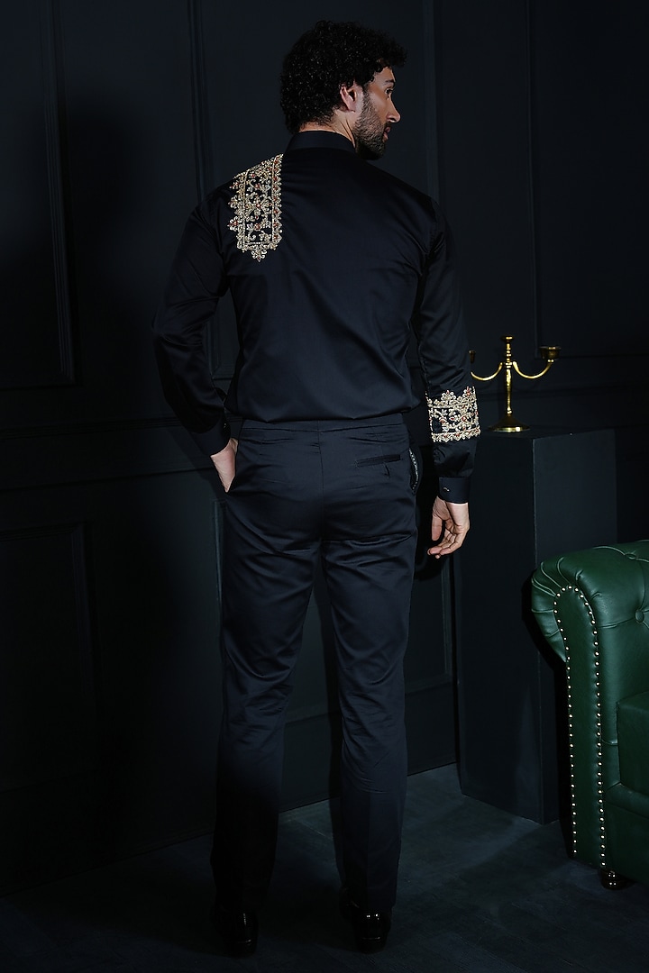 Black Cotton Hand Embroidered Wedding Shirt by House of Pratap at Pernia's Pop Up Shop