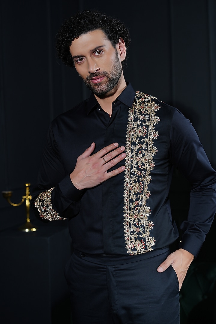 Black Cotton Hand Embroidered Shirt by House of Pratap