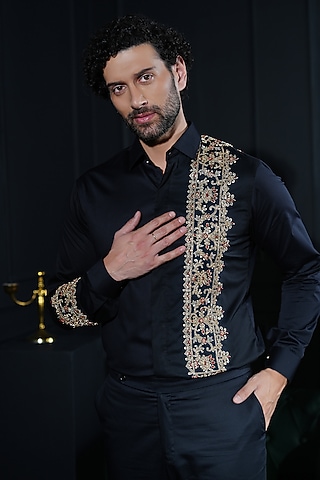 Black Cotton Hand Embroidered Shirt by House of Pratap