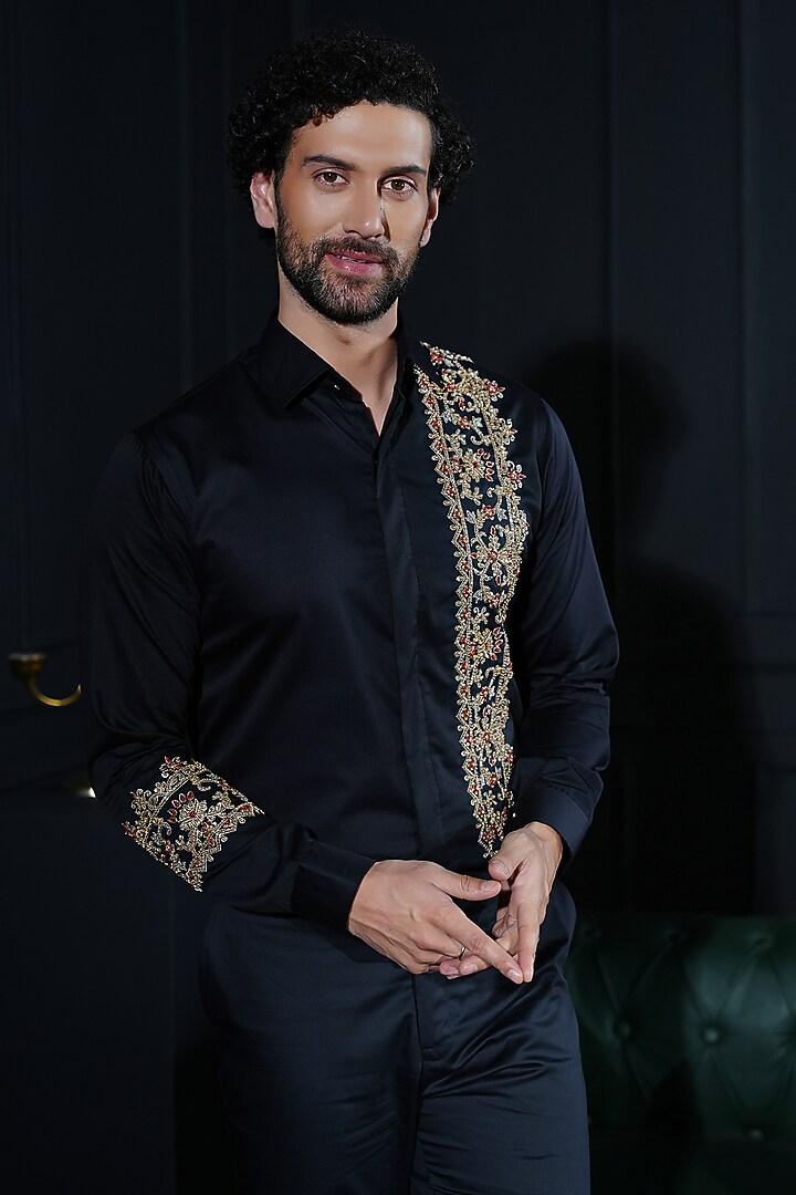 Black Cotton Hand Embroidered Wedding Shirt by House of Pratap at Pernia's Pop Up Shop