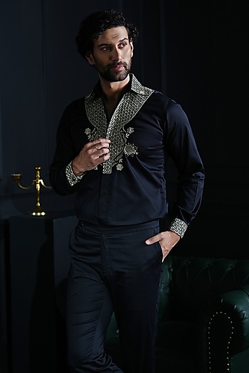 Black Cotton Hand Embroidered Wedding Shirt by House of Pratap at Pernia's Pop Up Shop