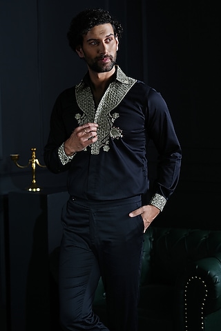 Black Cotton Hand Embroidered Shirt by House of Pratap