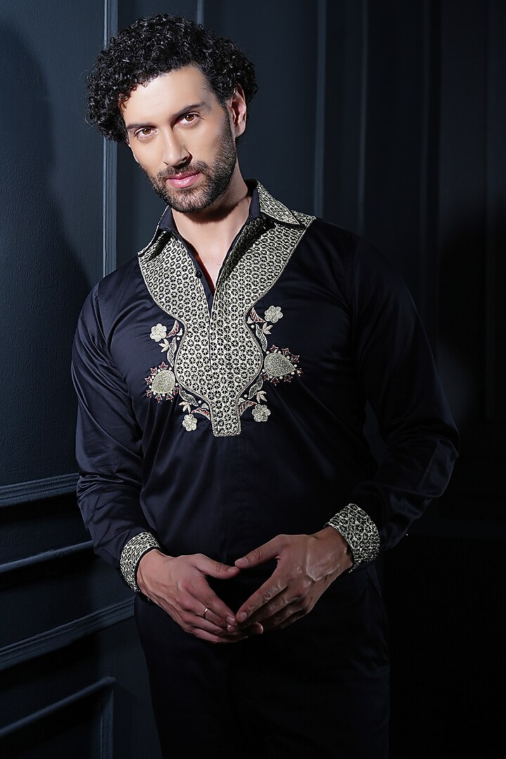 Black Cotton Hand Embroidered Wedding Shirt by House of Pratap at Pernia's Pop Up Shop