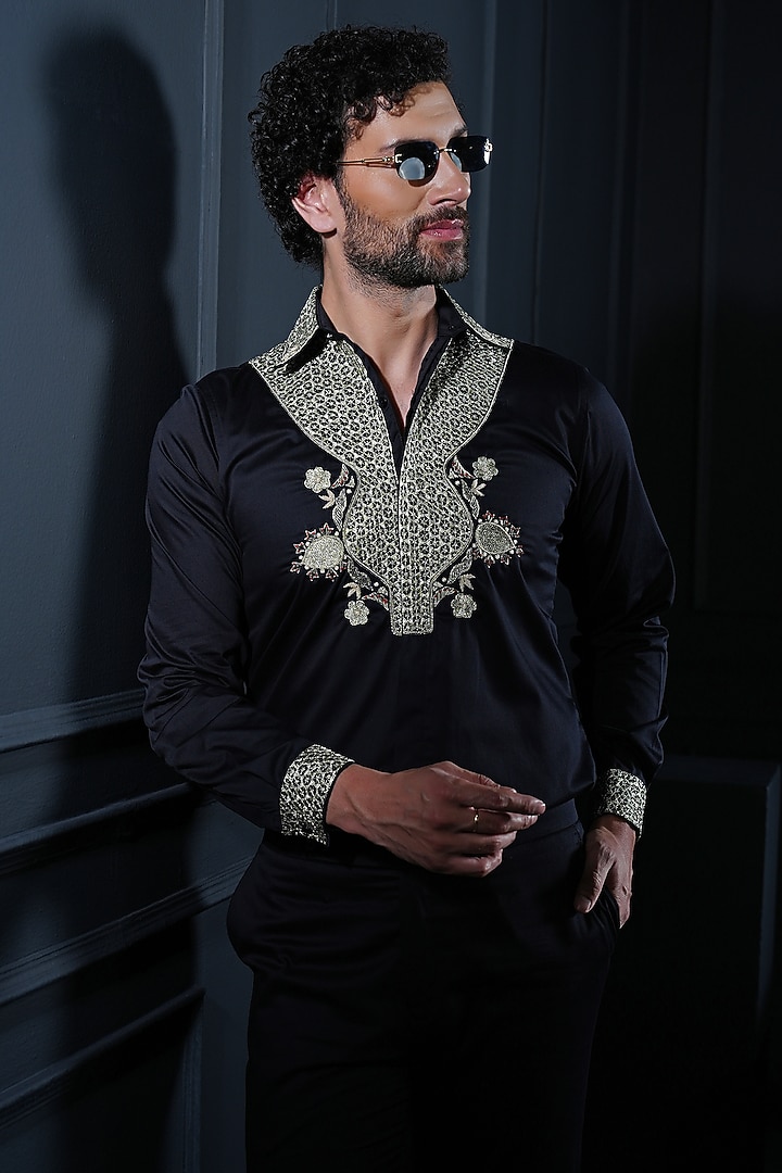 Black Cotton Hand Embroidered Wedding Shirt by House of Pratap at Pernia's Pop Up Shop