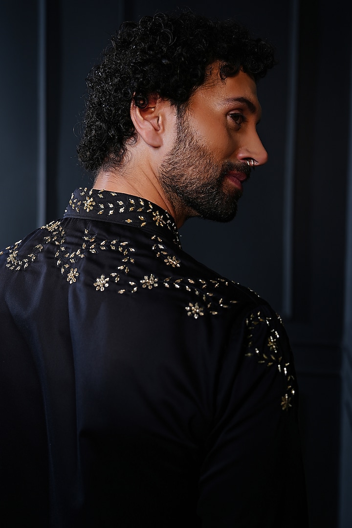 Black Cotton Hand Embroidered Wedding Shirt by House of Pratap at Pernia's Pop Up Shop