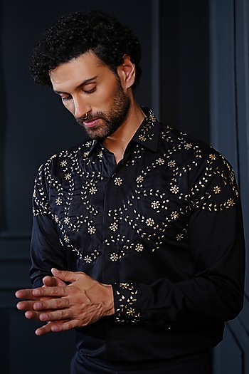 Black Cotton Hand Embroidered Wedding Shirt by House of Pratap at Pernia's Pop Up Shop