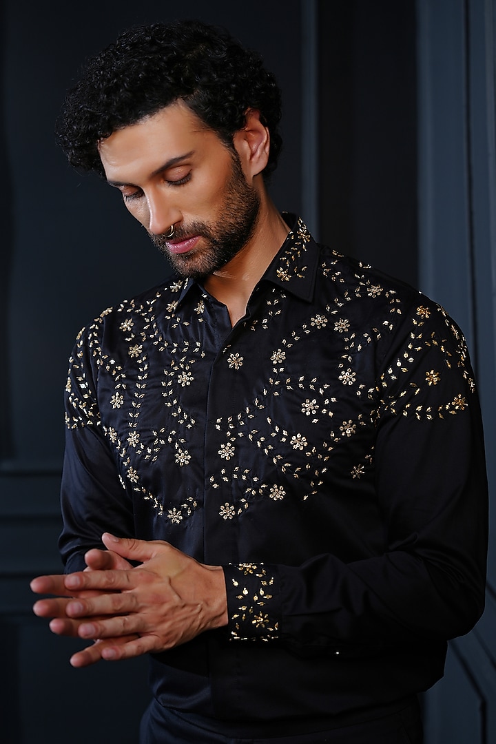 Black Cotton Hand Embroidered Shirt by House of Pratap