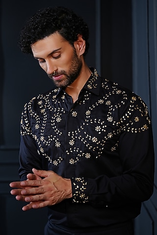 Black Cotton Hand Embroidered Shirt by House of Pratap