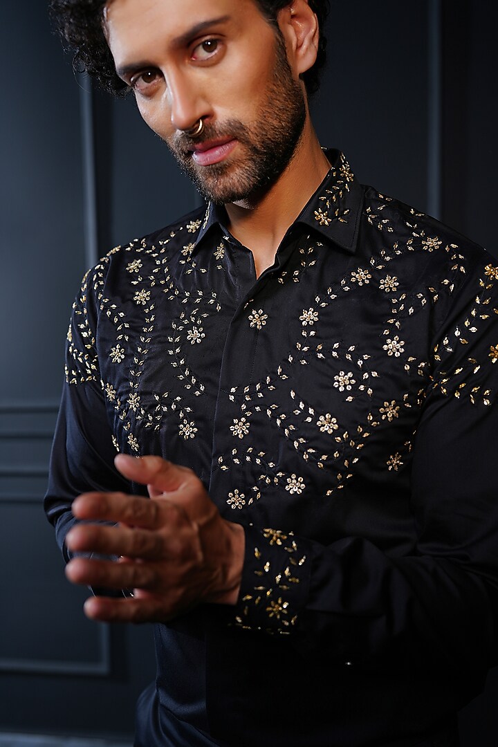 Black Cotton Hand Embroidered Wedding Shirt by House of Pratap at Pernia's Pop Up Shop