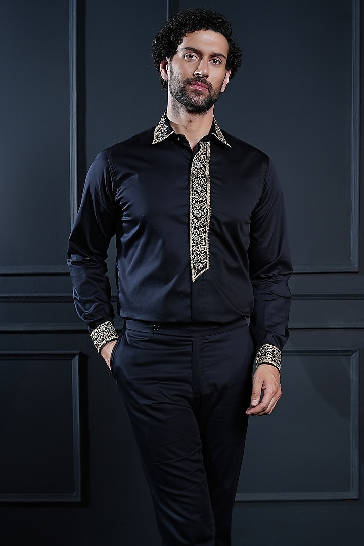 Black Cotton Hand Embroidered Shirt by House of Pratap