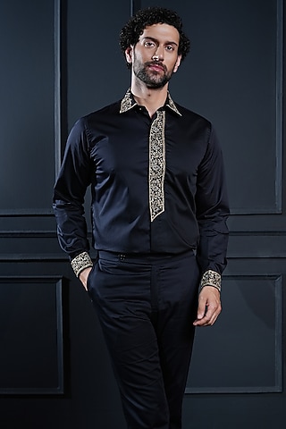Black Cotton Hand Embroidered Shirt by House of Pratap