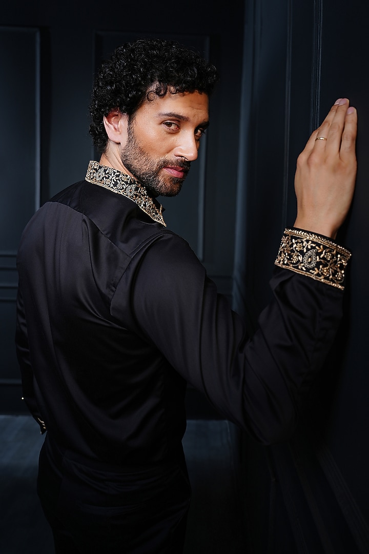 Black Cotton Hand Embroidered Wedding Shirt by House of Pratap at Pernia's Pop Up Shop