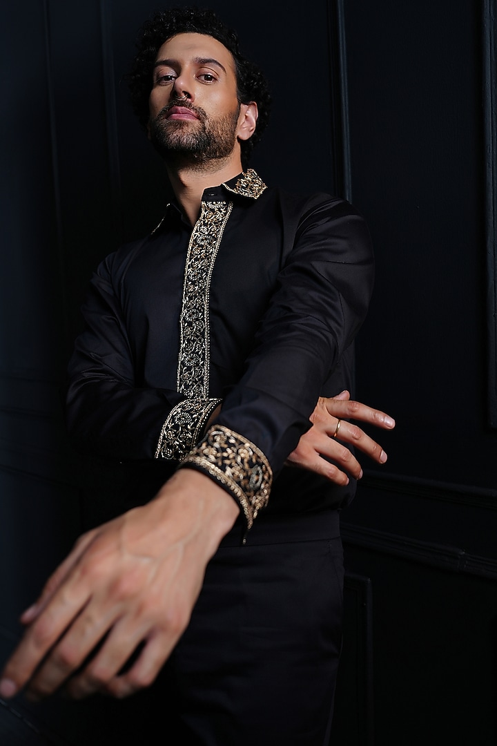 Black Cotton Hand Embroidered Wedding Shirt by House of Pratap at Pernia's Pop Up Shop