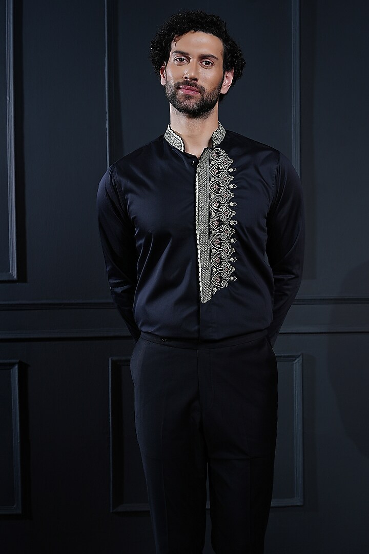 Black Cotton Hand Embroidered Shirt by House of Pratap