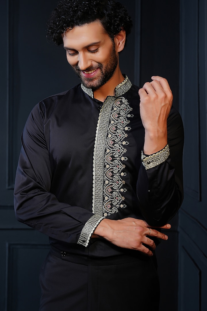 Black Cotton Hand Embroidered Wedding Shirt by House of Pratap at Pernia's Pop Up Shop