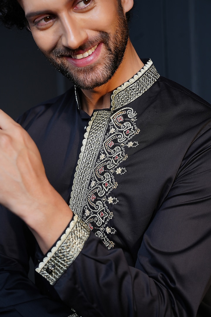 Black Cotton Hand Embroidered Wedding Shirt by House of Pratap at Pernia's Pop Up Shop