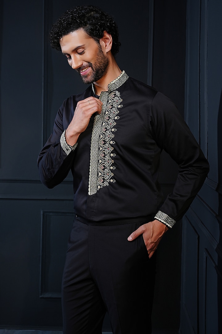 Black Cotton Hand Embroidered Wedding Shirt by House of Pratap at Pernia's Pop Up Shop