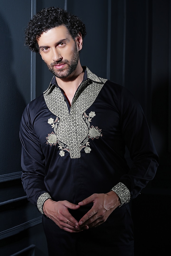 Black Supima Cotton Resham Embroidered Shirt by House of Pratap