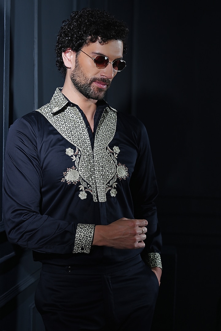 Black Supima Cotton Resham Embroidered Wedding Shirt by House of Pratap at Pernia's Pop Up Shop