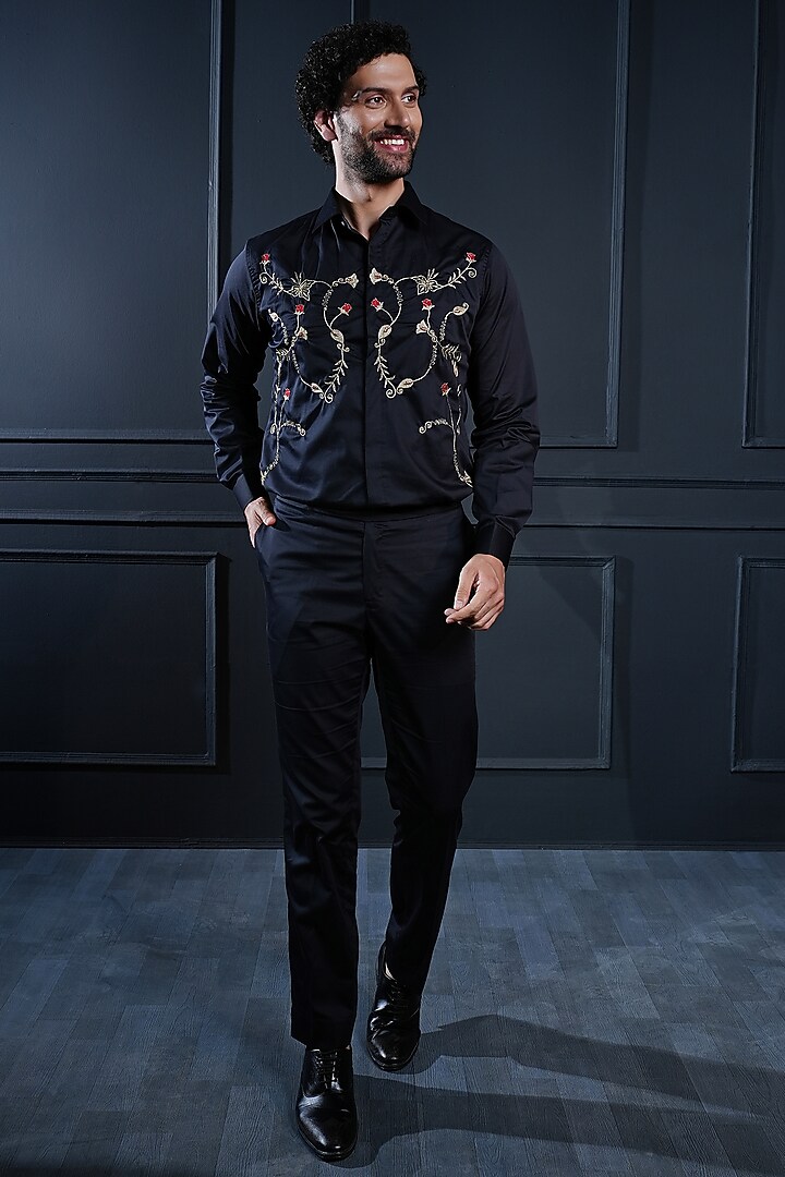 Black Cotton Hand Embroidered Party Wear Shirt by House of Pratap at Pernia's Pop Up Shop