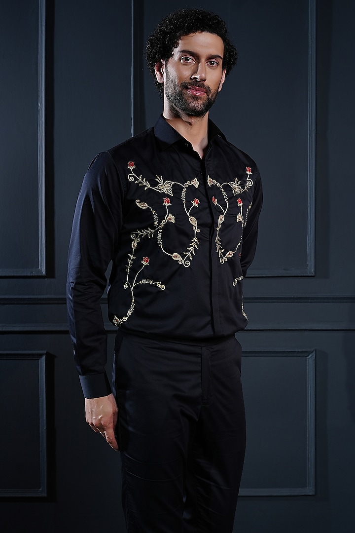 Black Cotton Hand Embroidered Shirt by House of Pratap