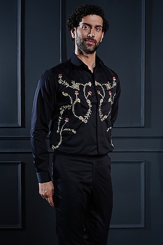 Black Cotton Hand Embroidered Shirt by House of Pratap