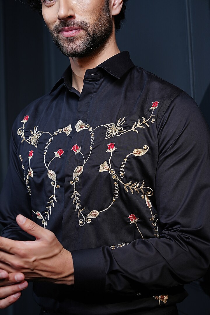 Black Cotton Hand Embroidered Party Wear Shirt by House of Pratap at Pernia's Pop Up Shop