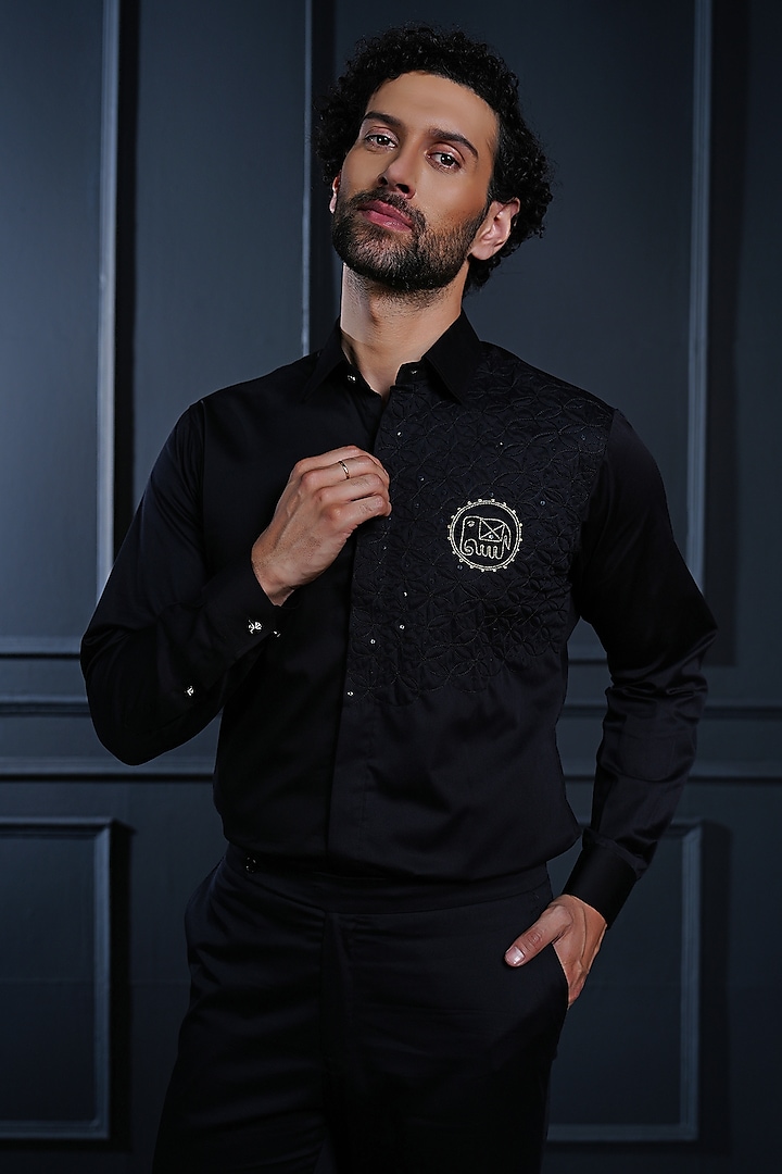 Black Cotton Hand Embroidered Shirt by House of Pratap