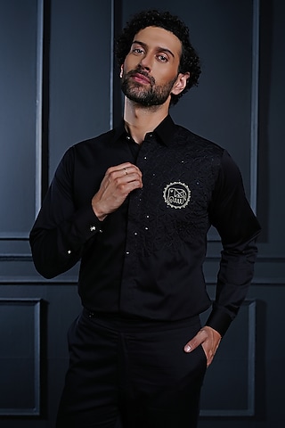 Black Cotton Hand Embroidered Shirt by House of Pratap
