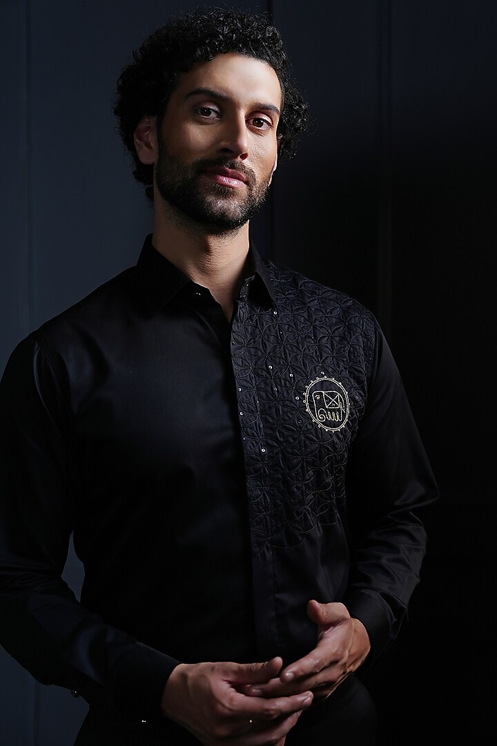 Black Cotton Hand Embroidered Party Wear Shirt by House of Pratap at Pernia's Pop Up Shop