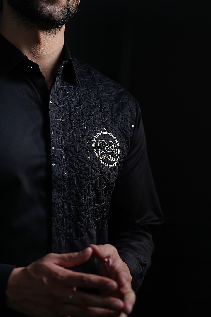 Black Cotton Hand Embroidered Party Wear Shirt by House of Pratap at Pernia's Pop Up Shop