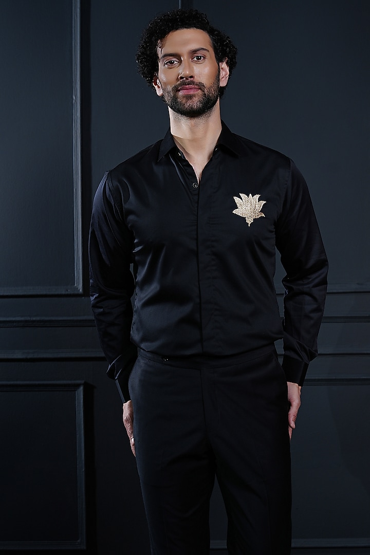 Black Cotton Hand Embroidered Shirt by House of Pratap