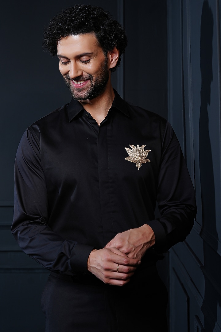 Black Cotton Hand Embroidered Party Wear Shirt by House of Pratap at Pernia's Pop Up Shop