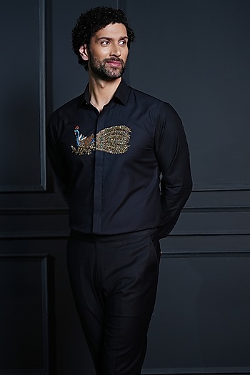 Black Cotton Hand Embroidered Party Wear Shirt by House of Pratap at Pernia's Pop Up Shop