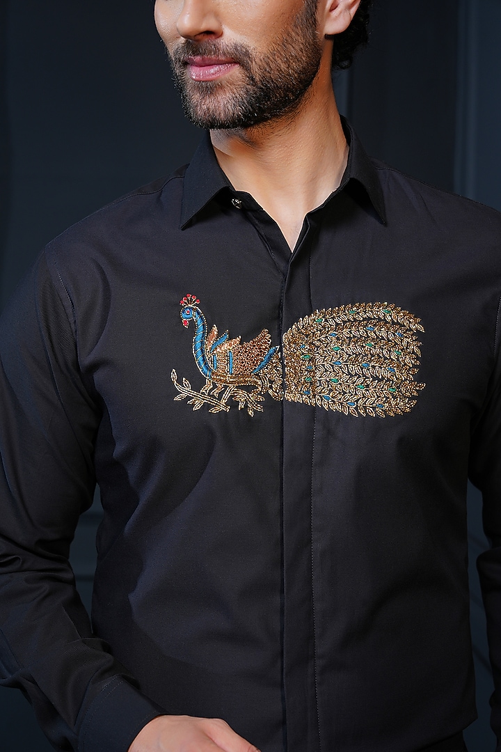 Black Cotton Hand Embroidered Party Wear Shirt by House of Pratap at Pernia's Pop Up Shop