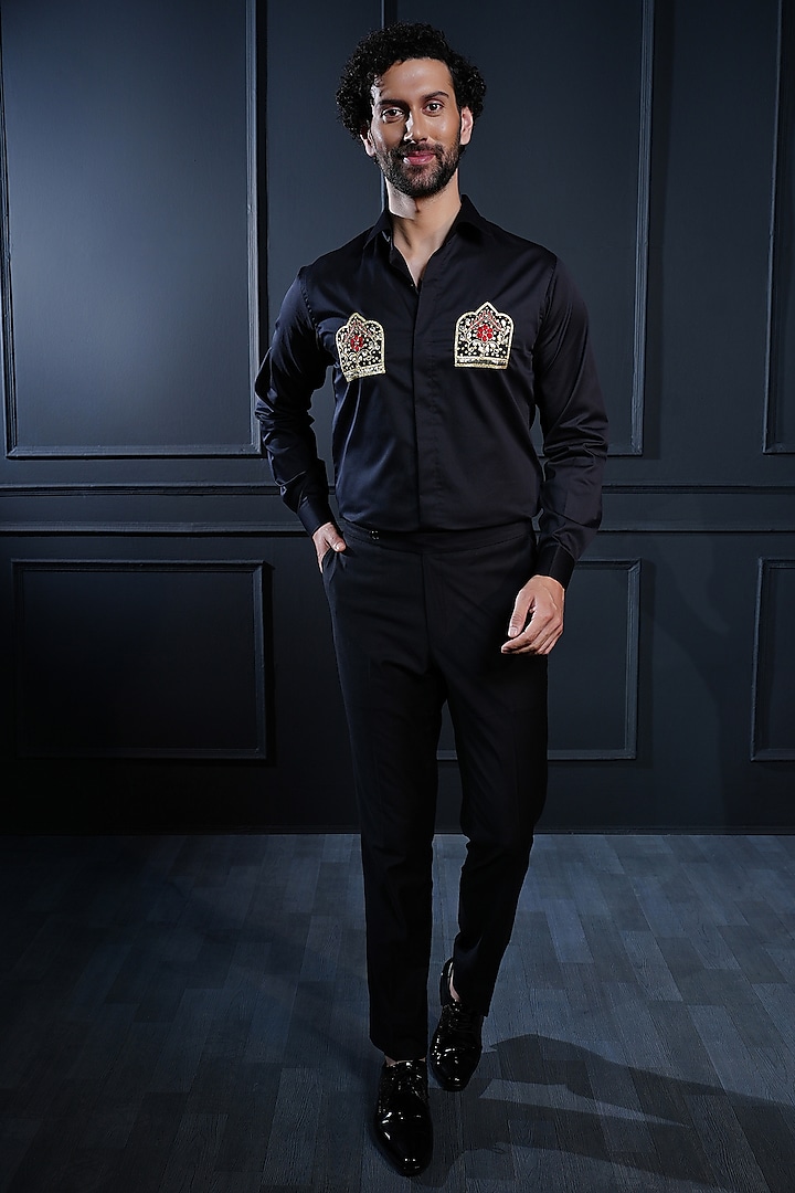 Black Cotton Hand Embroidered Shirt by House of Pratap