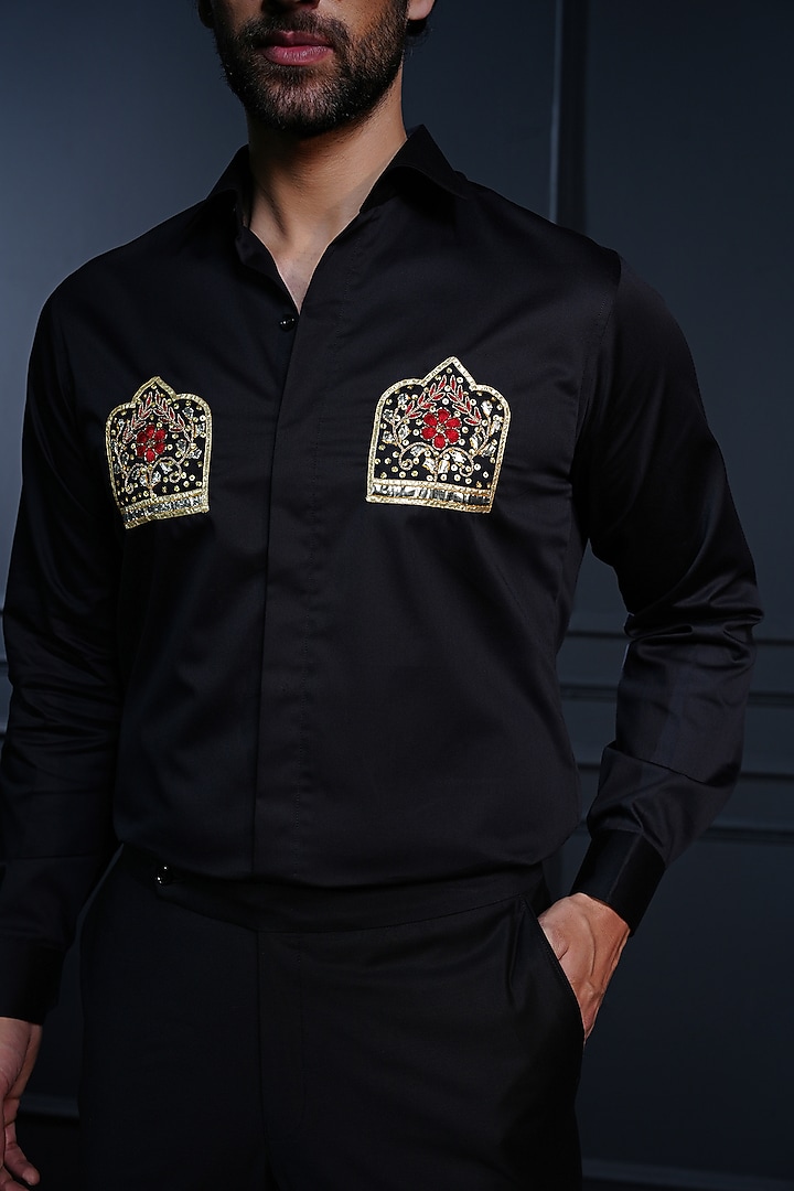 Black Cotton Hand Embroidered Party Wear Shirt by House of Pratap at Pernia's Pop Up Shop