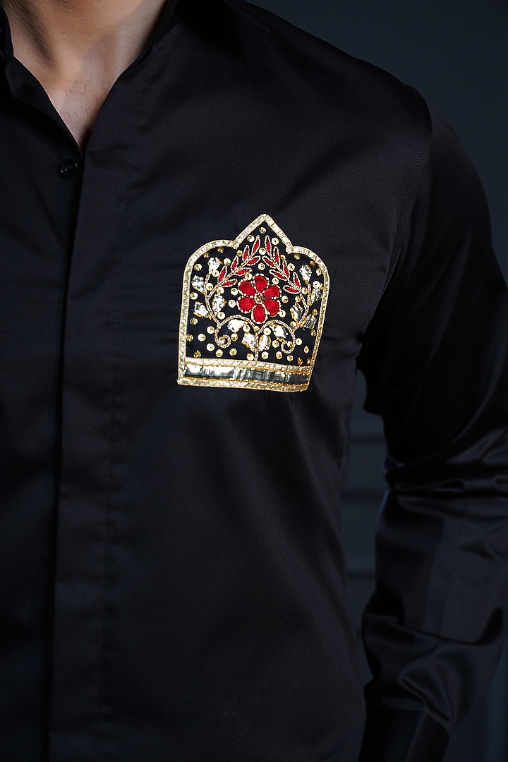 Black Cotton Hand Embroidered Party Wear Shirt by House of Pratap at Pernia's Pop Up Shop