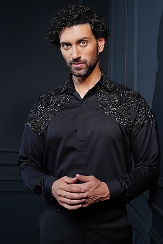 Black Cotton Hand Embroidered Shirt by House of Pratap