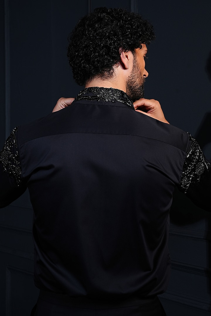 Black Cotton Hand Embroidered Party Wear Shirt by House of Pratap at Pernia's Pop Up Shop