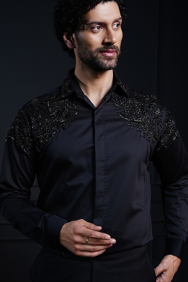 Black Cotton Hand Embroidered Party Wear Shirt by House of Pratap at Pernia's Pop Up Shop
