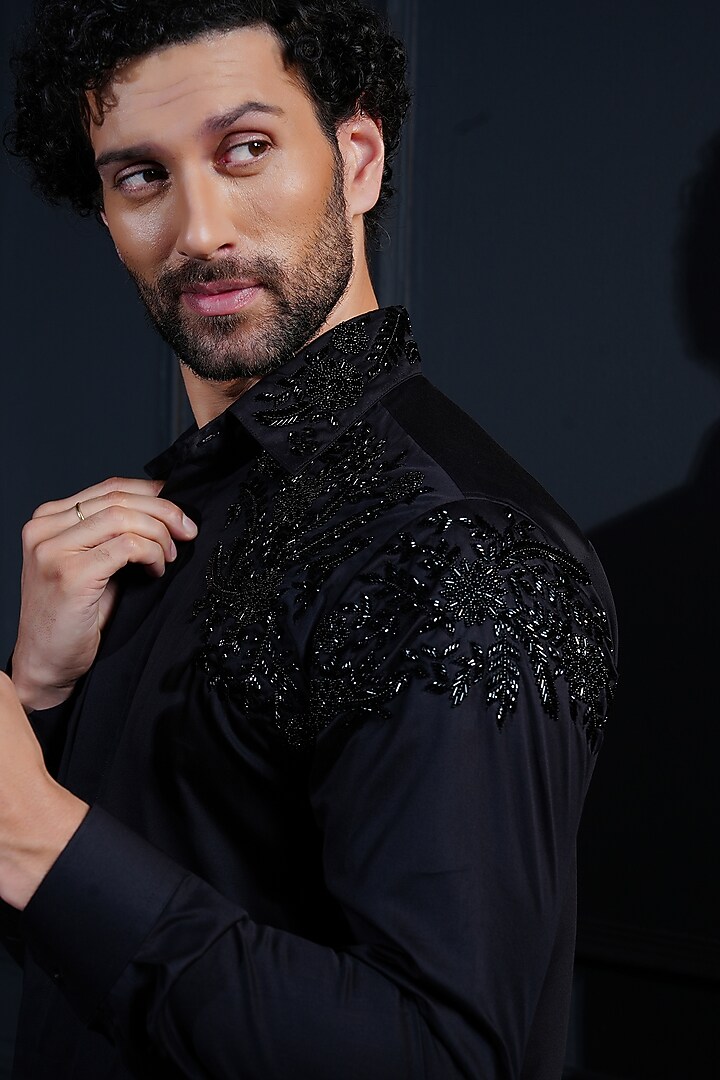 Black Cotton Hand Embroidered Party Wear Shirt by House of Pratap at Pernia's Pop Up Shop